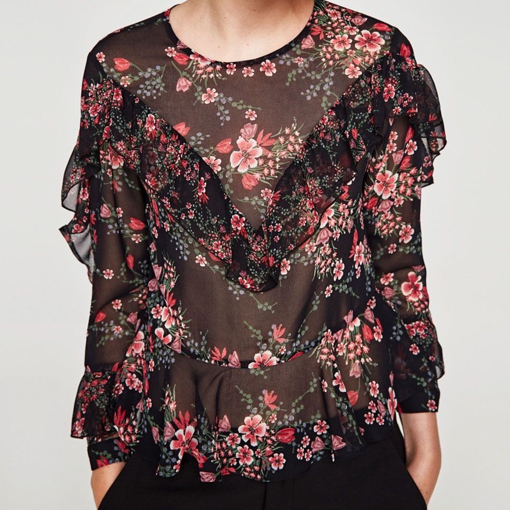 Zara Premium Denim Collection Black Floral Ruffle Blouse Size Small